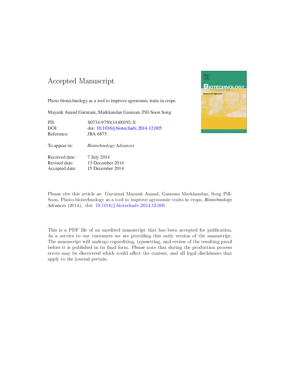 Photo-biotechnology as a tool to improve agronomic traits in crops