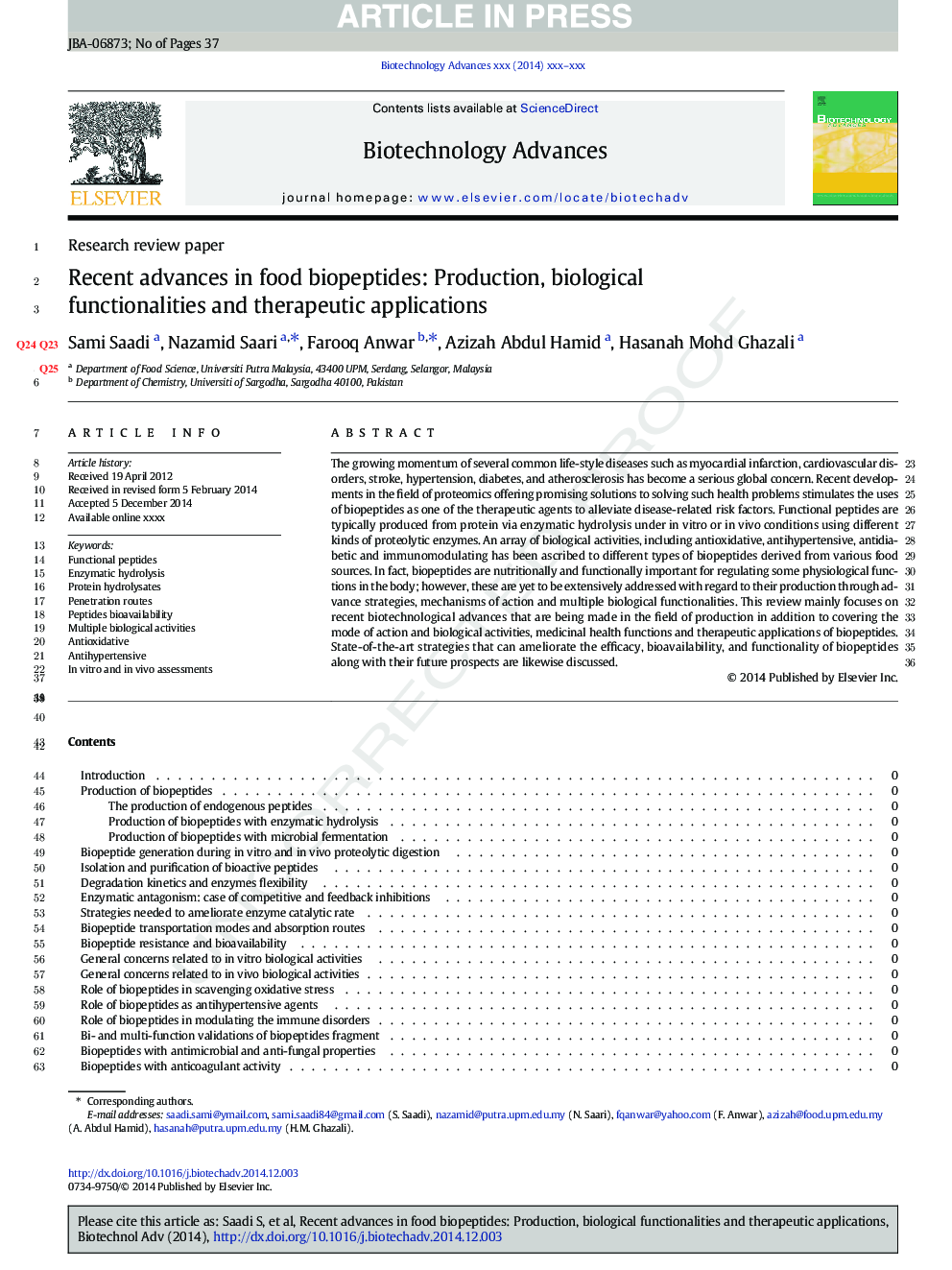 Recent advances in food biopeptides: Production, biological functionalities and therapeutic applications