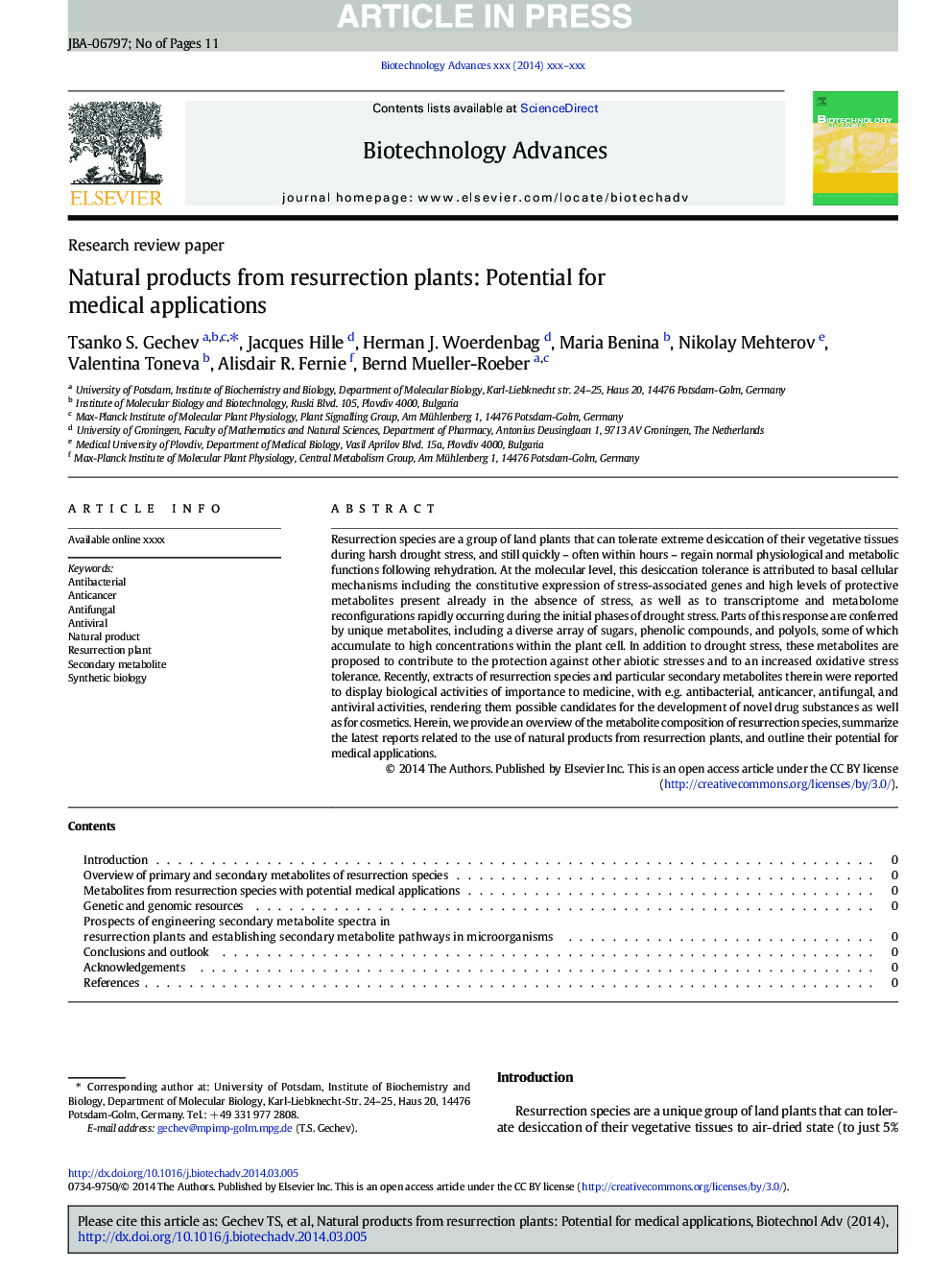 Natural products from resurrection plants: Potential for medical applications