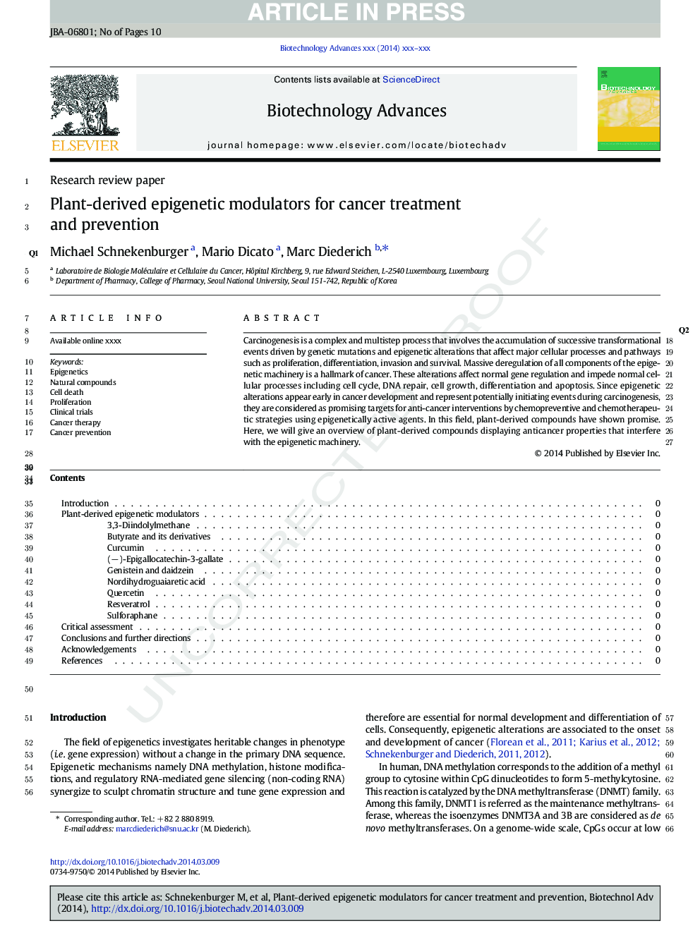 Plant-derived epigenetic modulators for cancer treatment and prevention