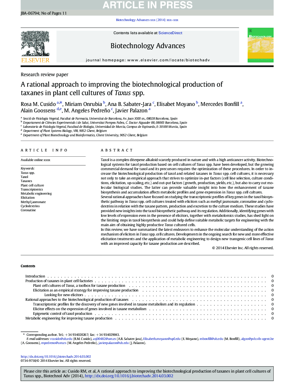 A rational approach to improving the biotechnological production of taxanes in plant cell cultures of Taxus spp.