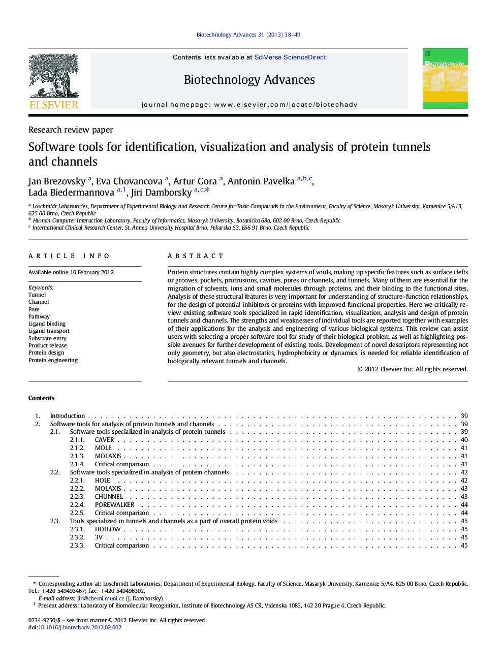 Software tools for identification, visualization and analysis of protein tunnels and channels