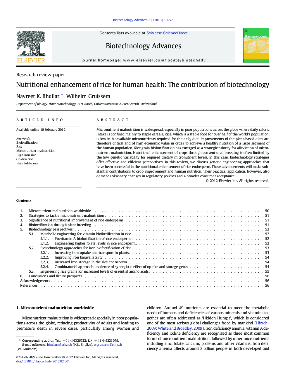 Nutritional enhancement of rice for human health: The contribution of biotechnology