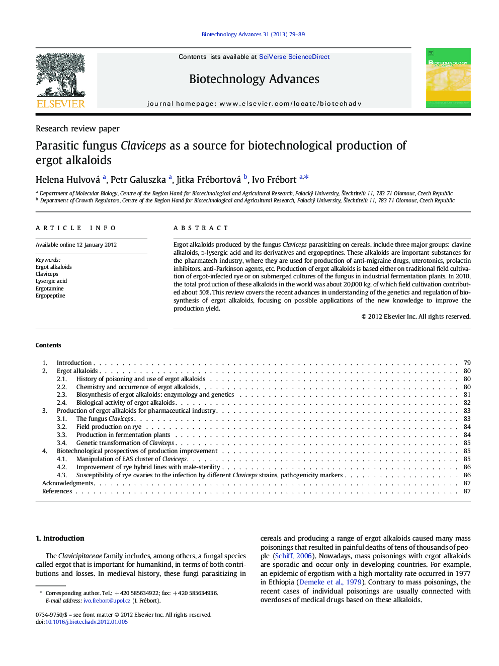 Parasitic fungus Claviceps as a source for biotechnological production of ergot alkaloids