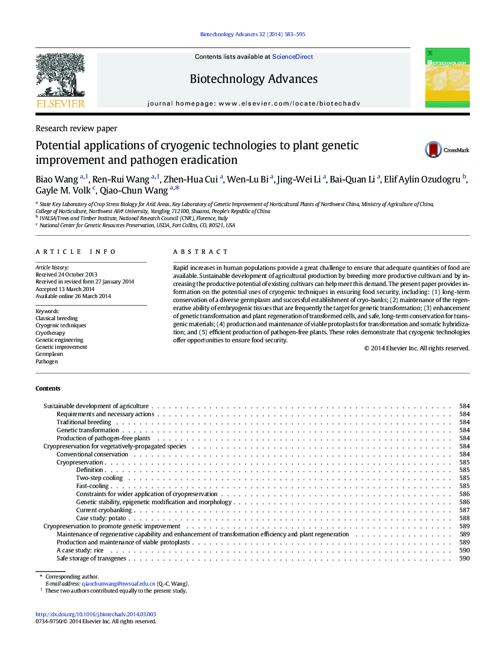 Potential applications of cryogenic technologies to plant genetic improvement and pathogen eradication