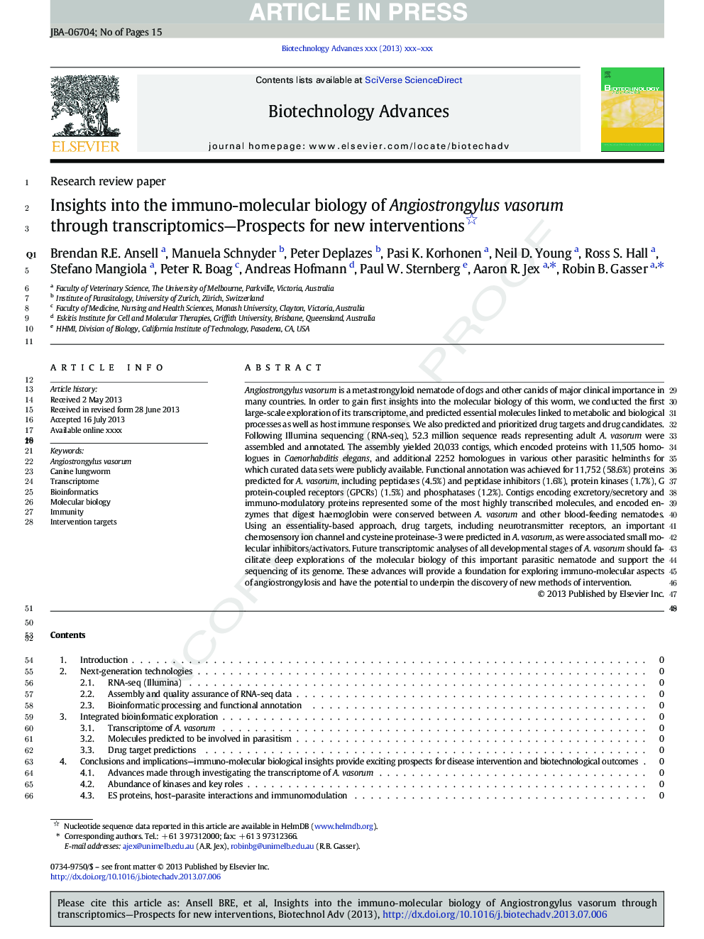 Insights into the immuno-molecular biology of Angiostrongylus vasorum through transcriptomics-Prospects for new interventions