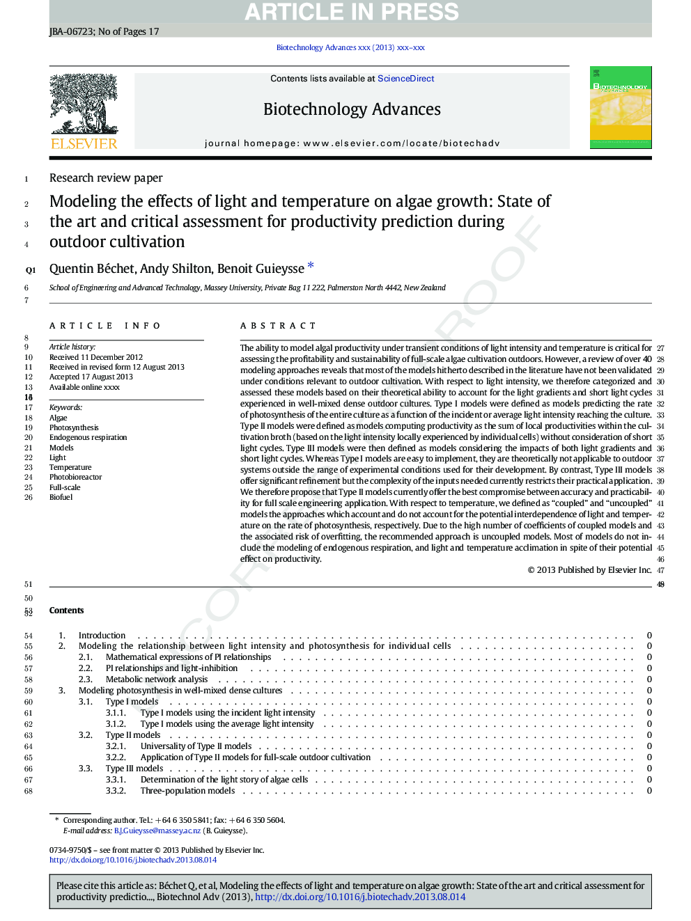 Modeling the effects of light and temperature on algae growth: State of the art and critical assessment for productivity prediction during outdoor cultivation