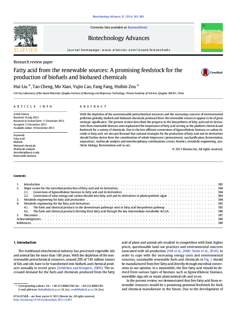 Fatty acid from the renewable sources: A promising feedstock for the production of biofuels and biobased chemicals