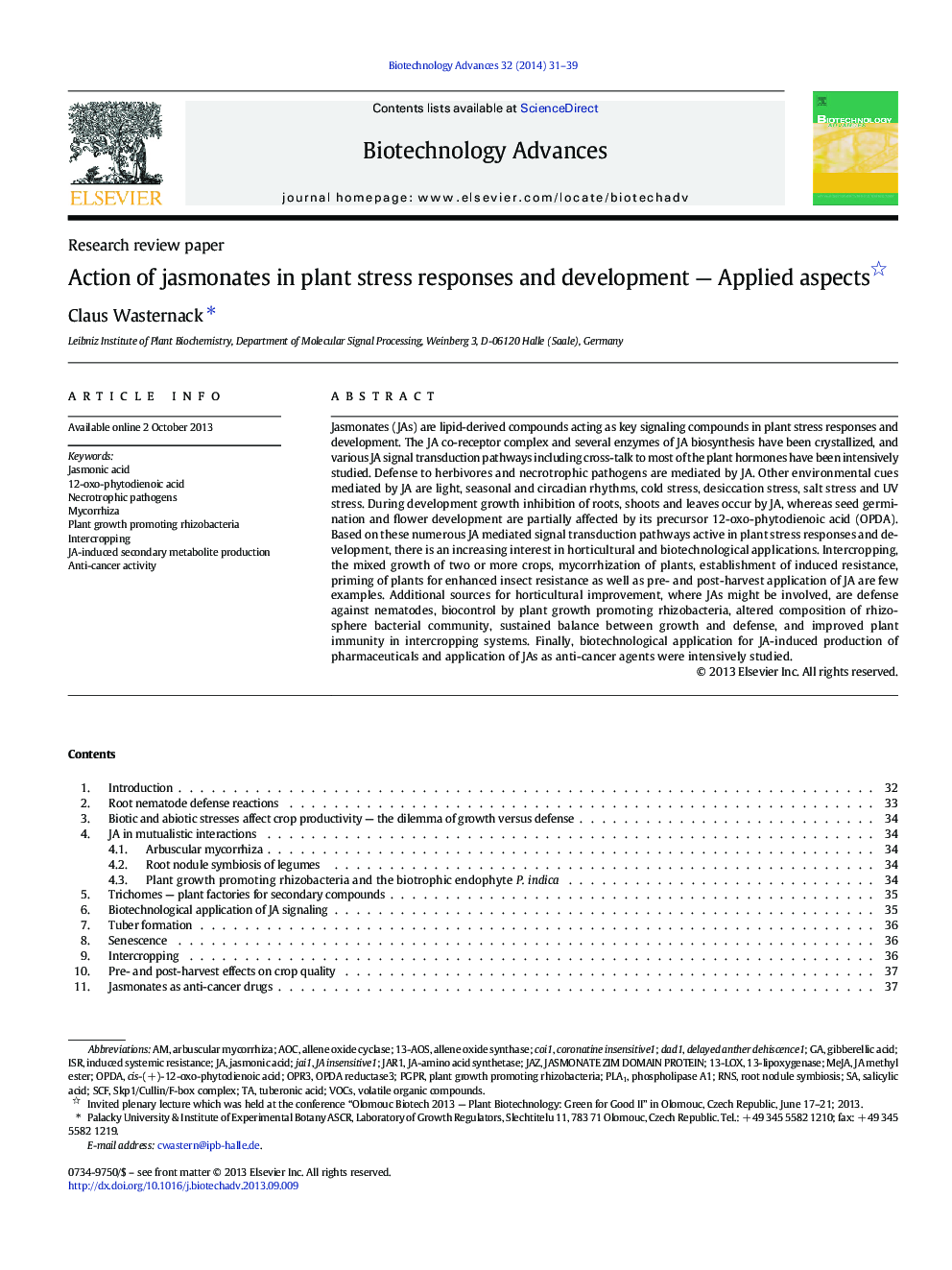 Action of jasmonates in plant stress responses and development - Applied aspects