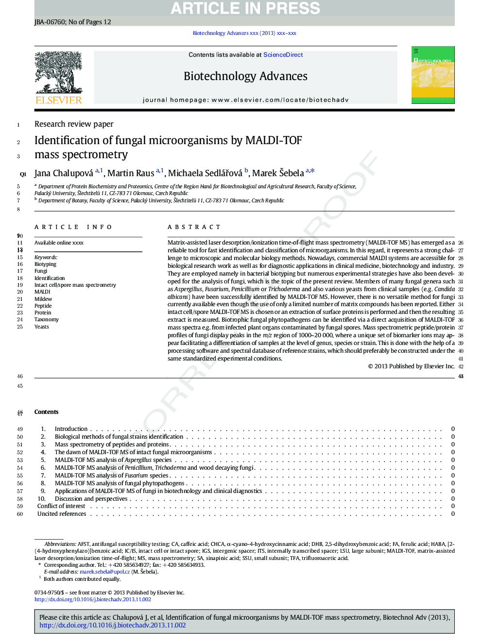 Identification of fungal microorganisms by MALDI-TOF mass spectrometry