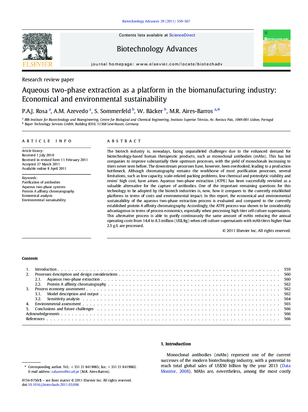 Aqueous two-phase extraction as a platform in the biomanufacturing industry: Economical and environmental sustainability