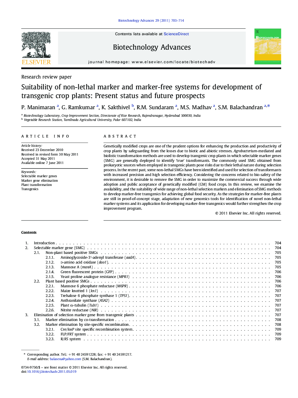 Suitability of non-lethal marker and marker-free systems for development of transgenic crop plants: Present status and future prospects