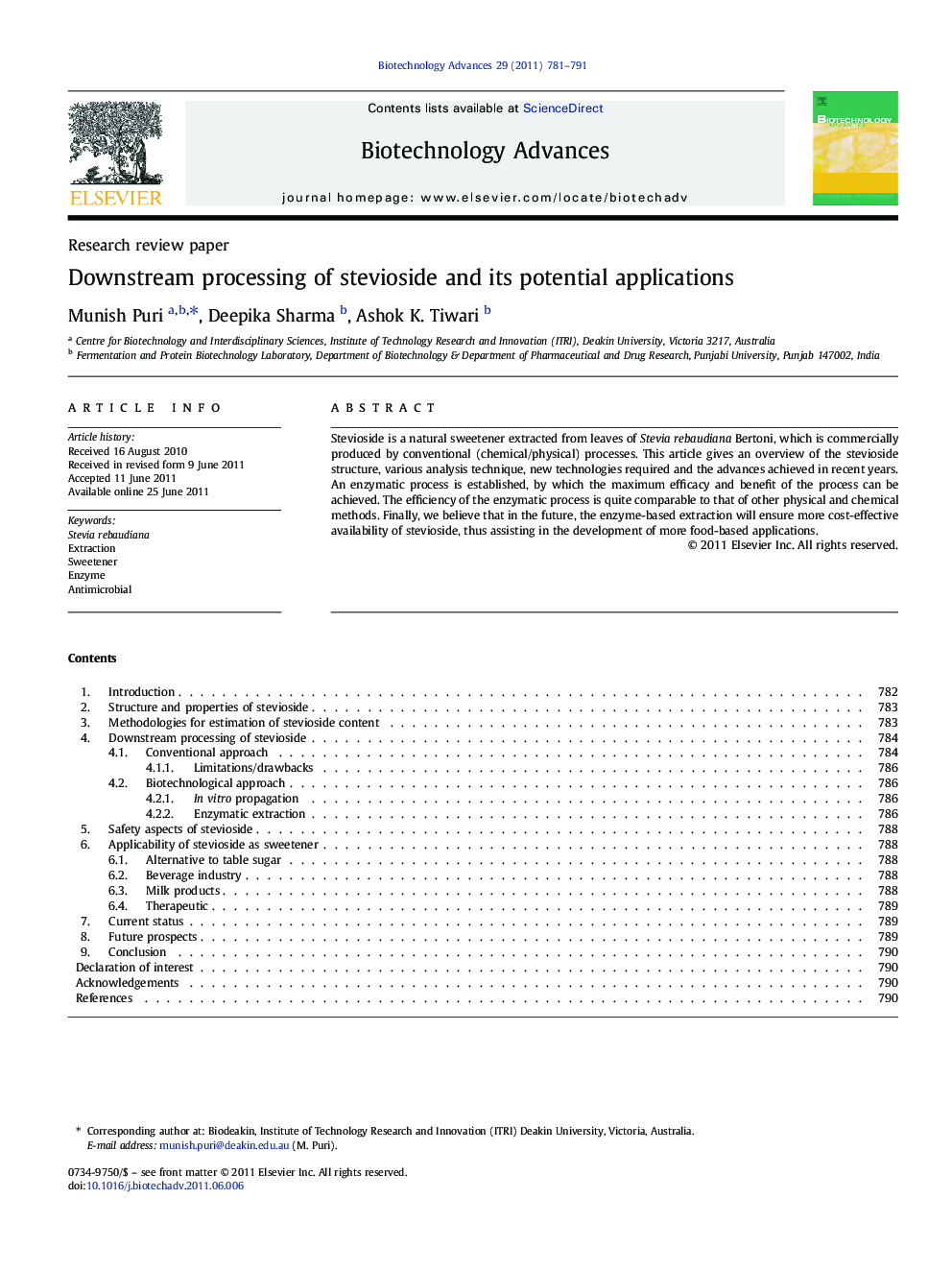 Downstream processing of stevioside and its potential applications