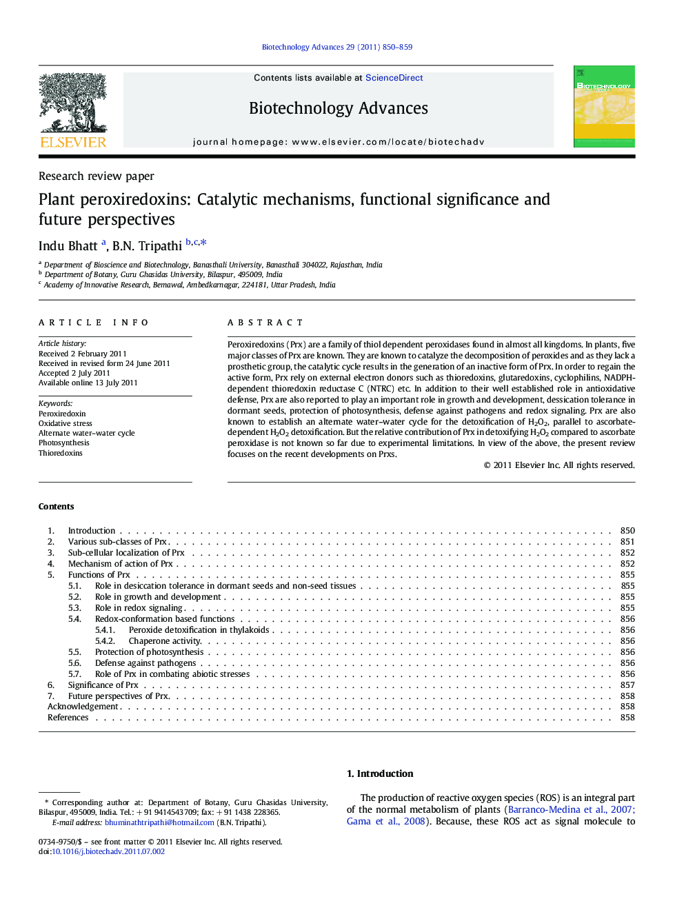 Plant peroxiredoxins: Catalytic mechanisms, functional significance and future perspectives