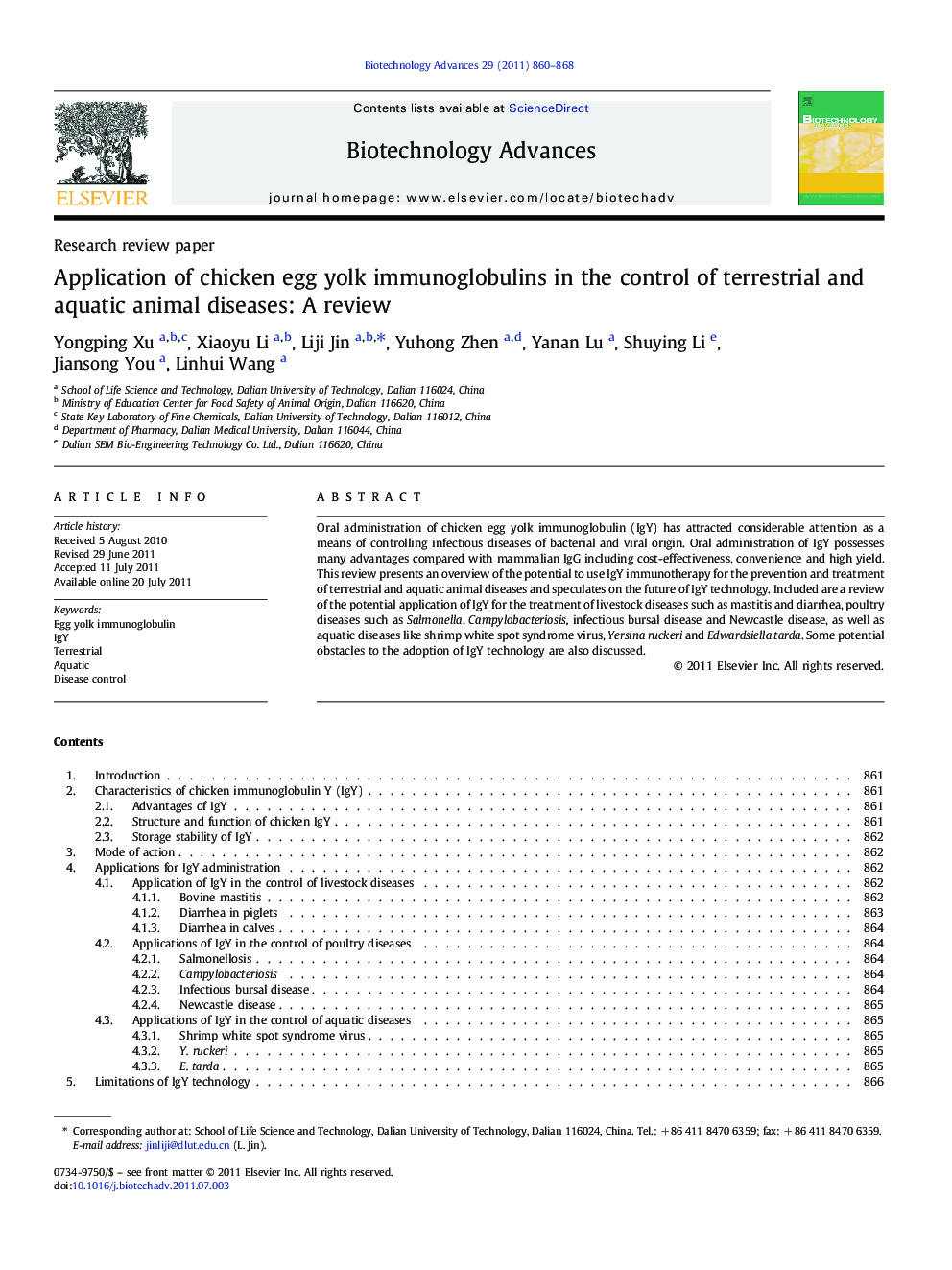 Application of chicken egg yolk immunoglobulins in the control of terrestrial and aquatic animal diseases: A review