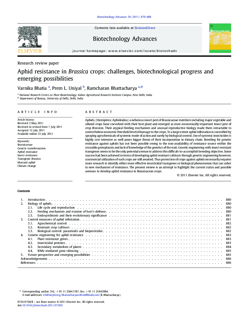 Aphid resistance in Brassica crops: challenges, biotechnological progress and emerging possibilities