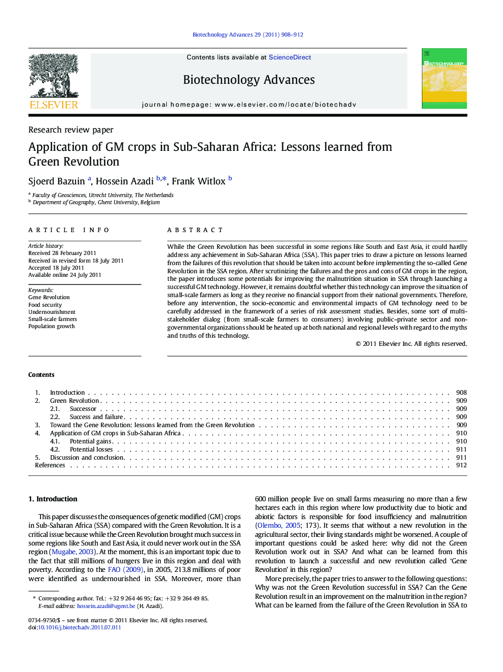 Application of GM crops in Sub-Saharan Africa: Lessons learned from Green Revolution