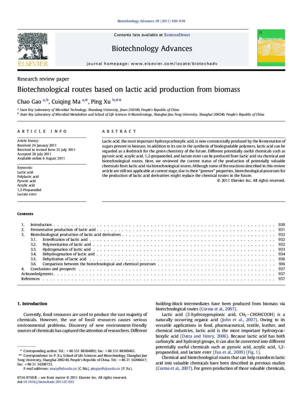 Biotechnological routes based on lactic acid production from biomass