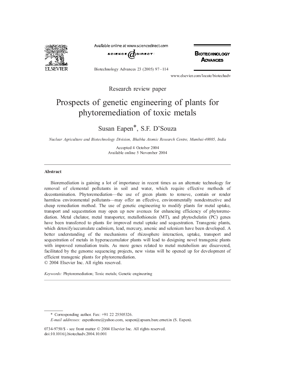 Prospects of genetic engineering of plants for phytoremediation of toxic metals