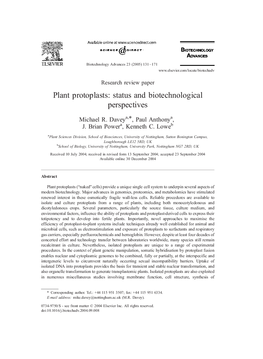 Plant protoplasts: status and biotechnological perspectives