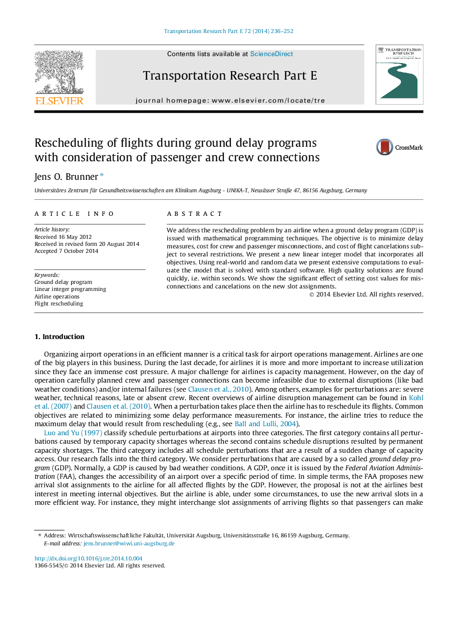 Rescheduling of flights during ground delay programs with consideration of passenger and crew connections