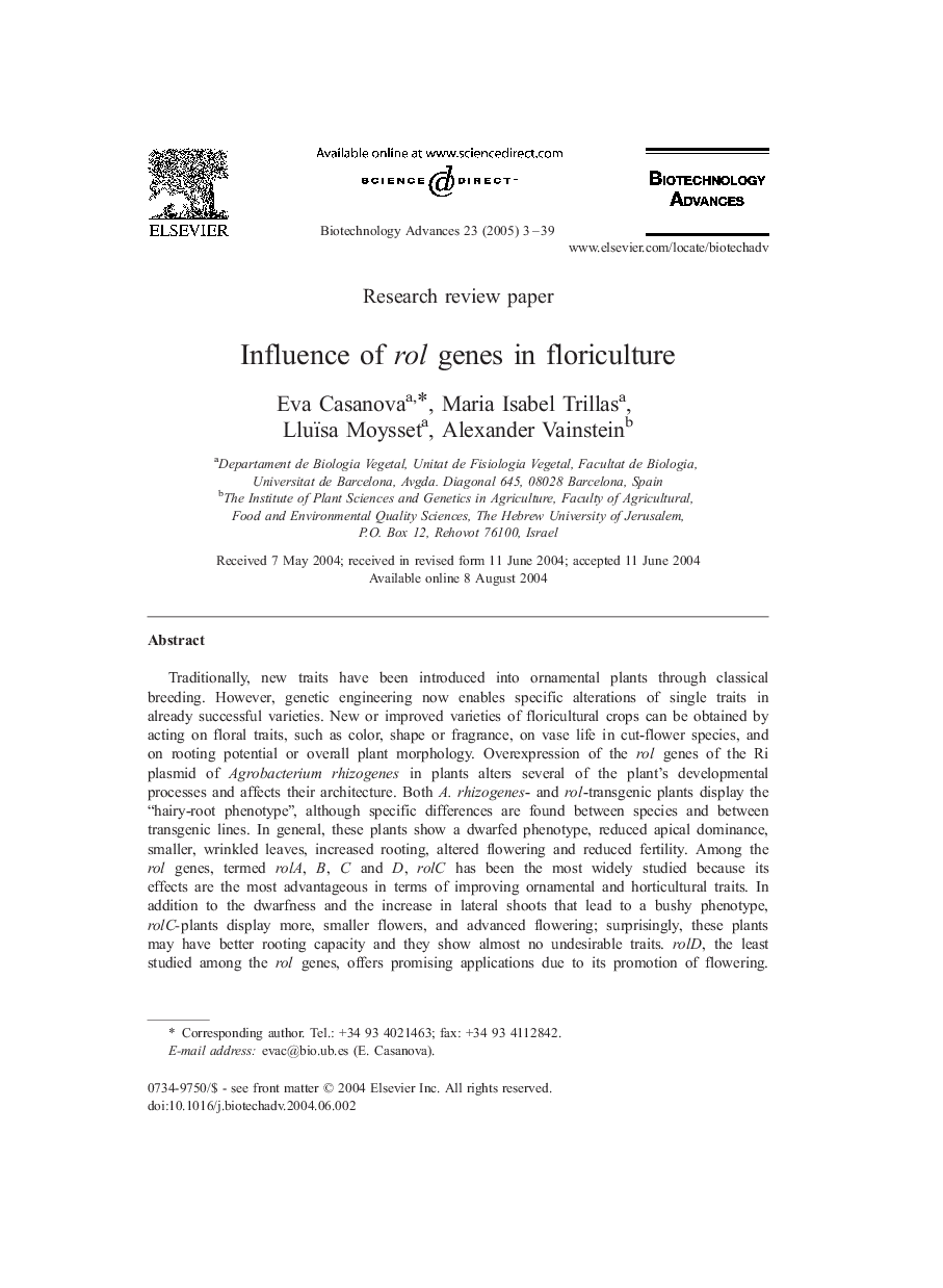 Influence of rol genes in floriculture