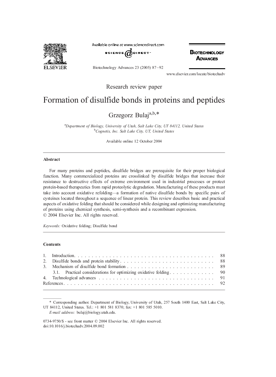 Formation of disulfide bonds in proteins and peptides