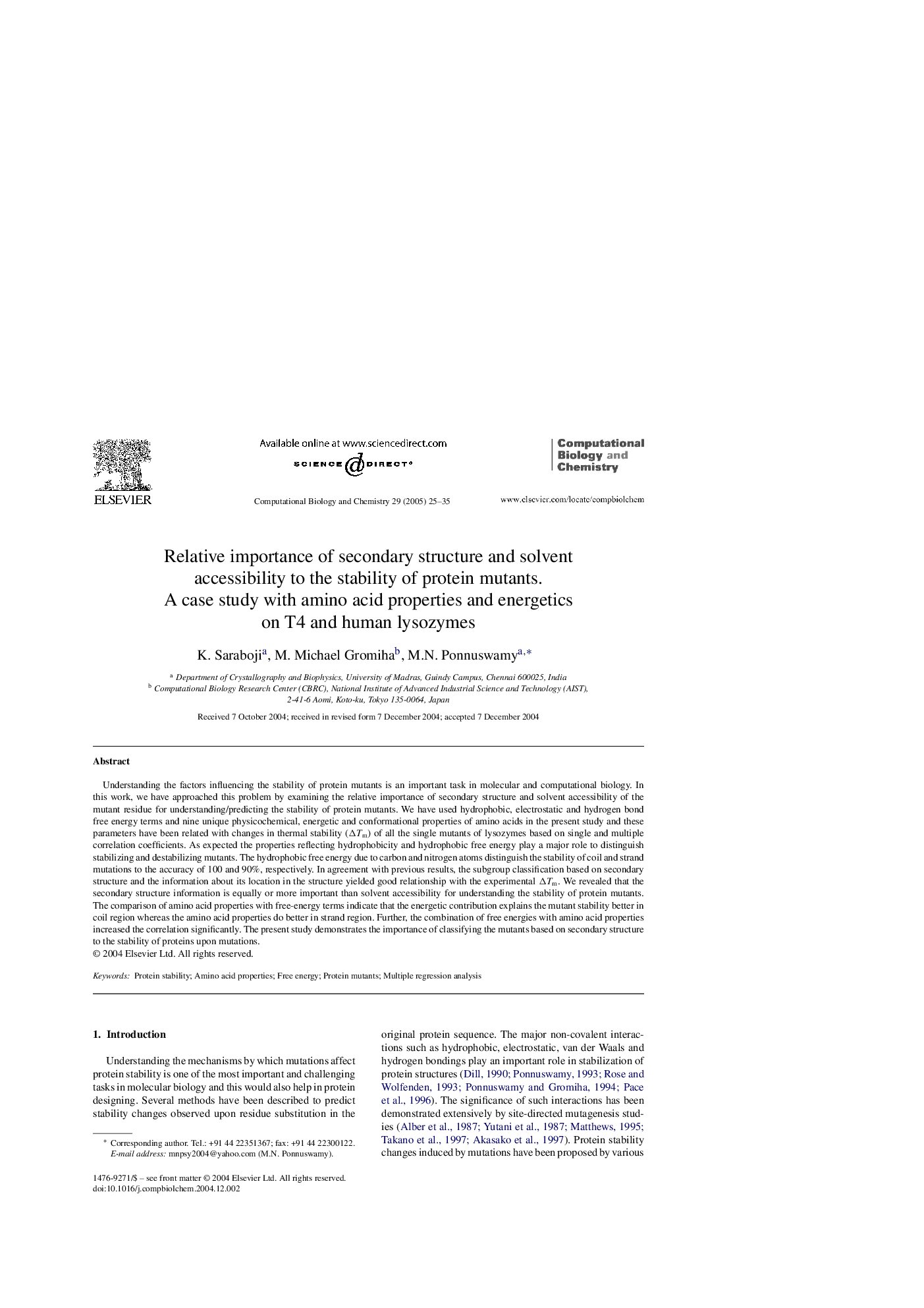 Relative importance of secondary structure and solvent accessibility to the stability of protein mutants.