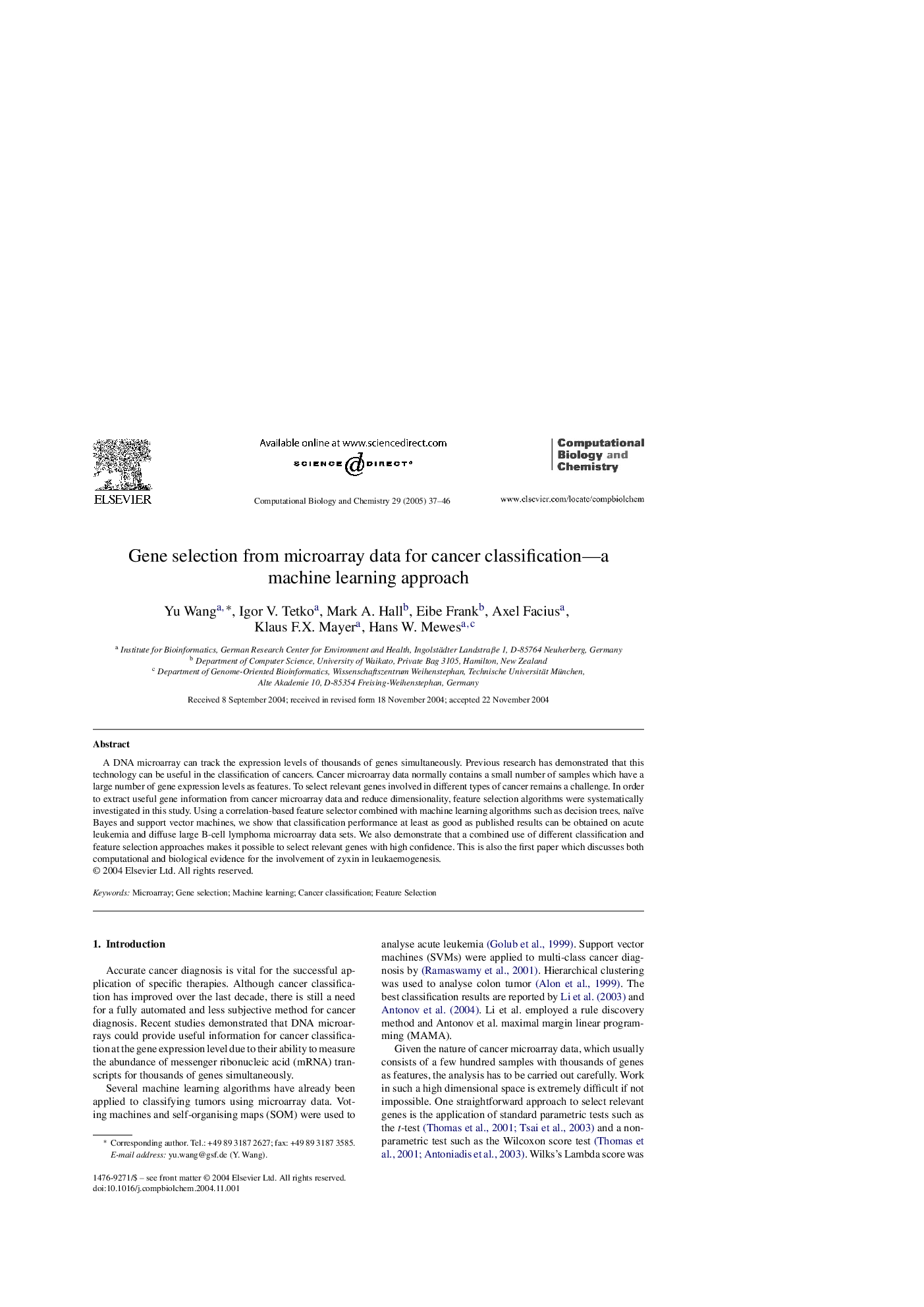 Gene selection from microarray data for cancer classification-a machine learning approach