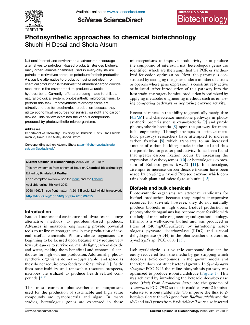 Photosynthetic approaches to chemical biotechnology