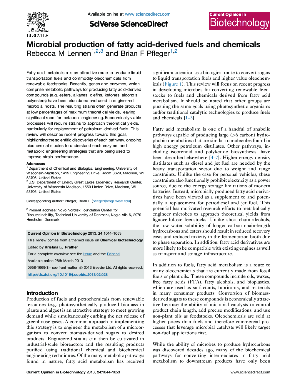 Microbial production of fatty acid-derived fuels and chemicals