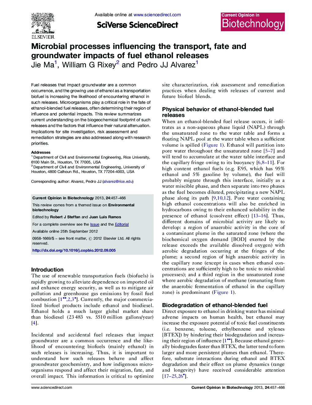 Microbial processes influencing the transport, fate and groundwater impacts of fuel ethanol releases