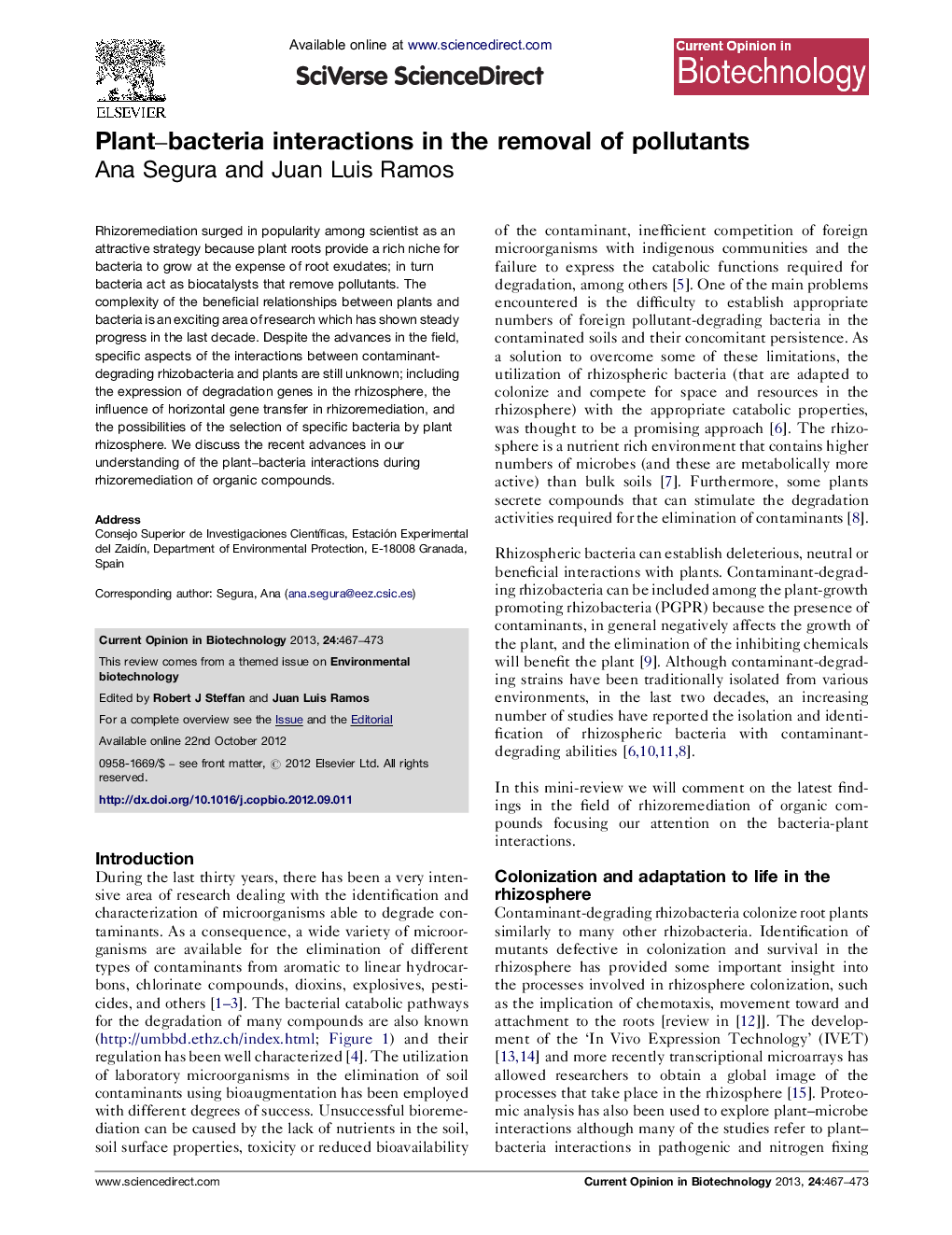 Plant-bacteria interactions in the removal of pollutants