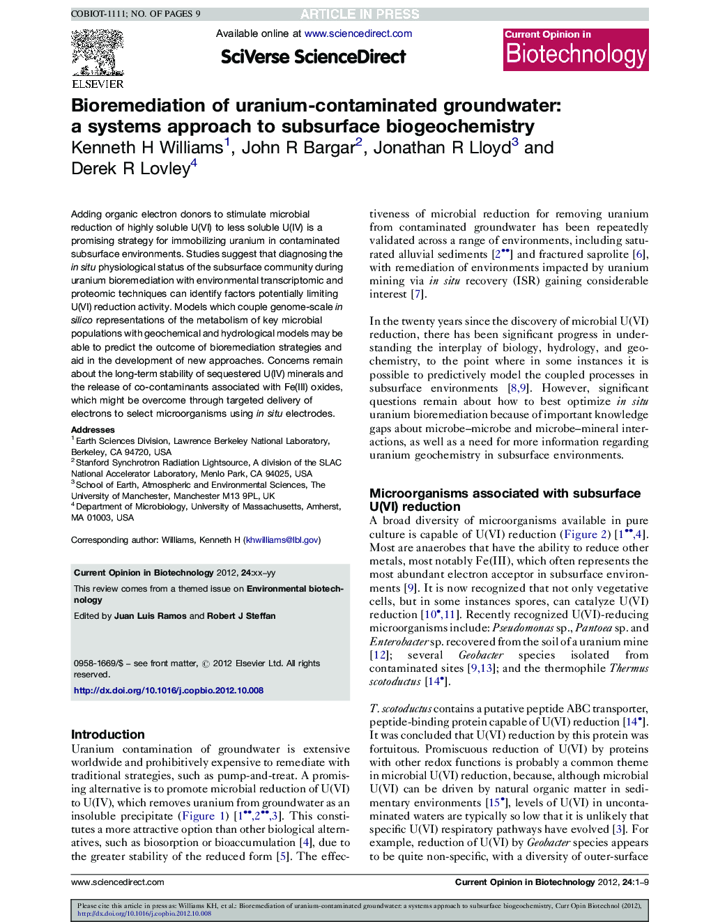 Bioremediation of uranium-contaminated groundwater: a systems approach to subsurface biogeochemistry