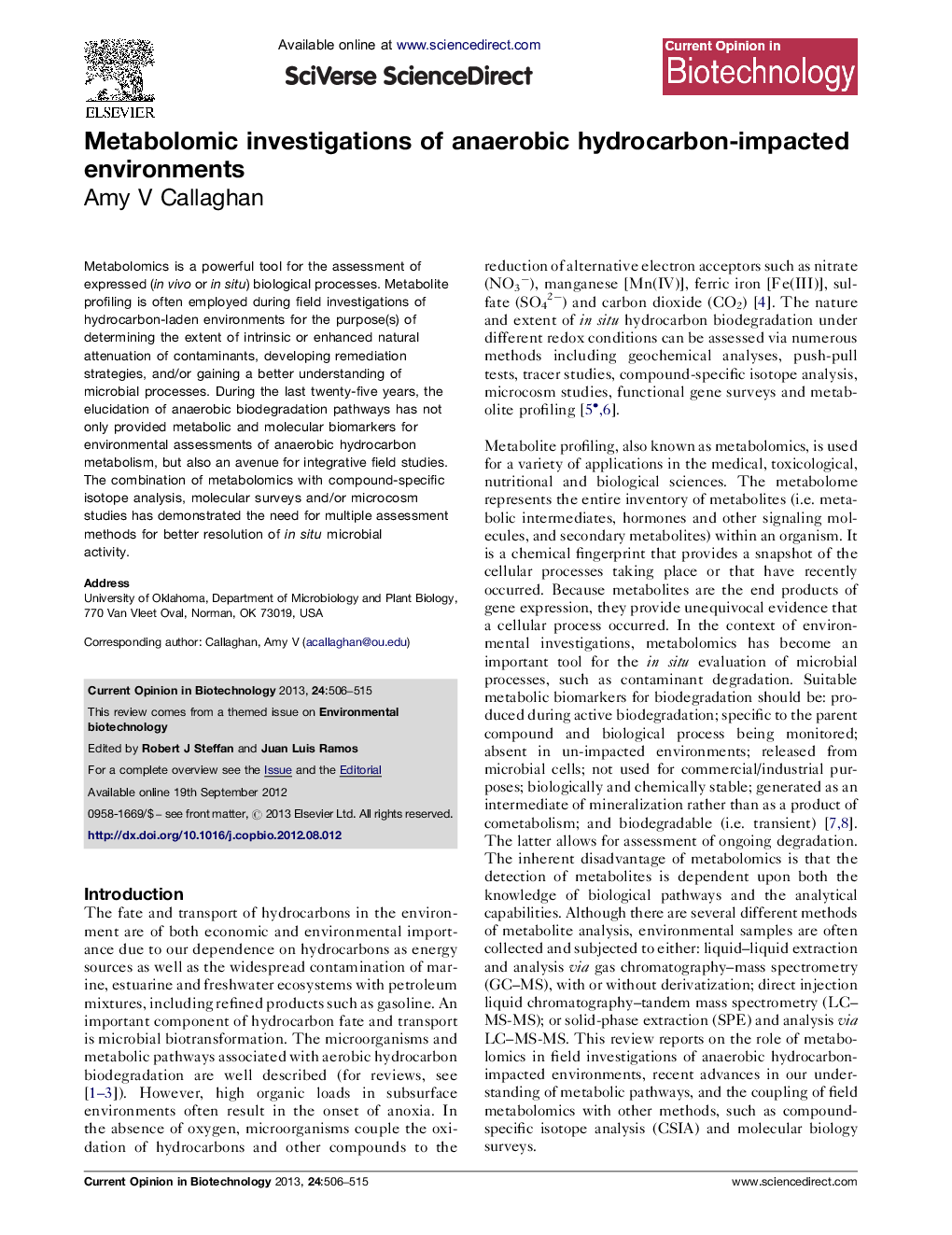 Metabolomic investigations of anaerobic hydrocarbon-impacted environments