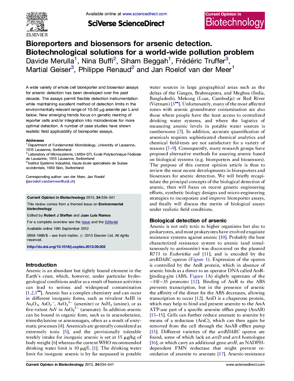 Bioreporters and biosensors for arsenic detection. Biotechnological solutions for a world-wide pollution problem