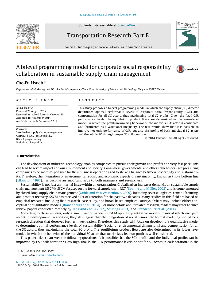 A bilevel programming model for corporate social responsibility collaboration in sustainable supply chain management