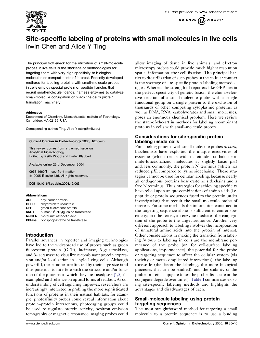 Site-specific labeling of proteins with small molecules in live cells