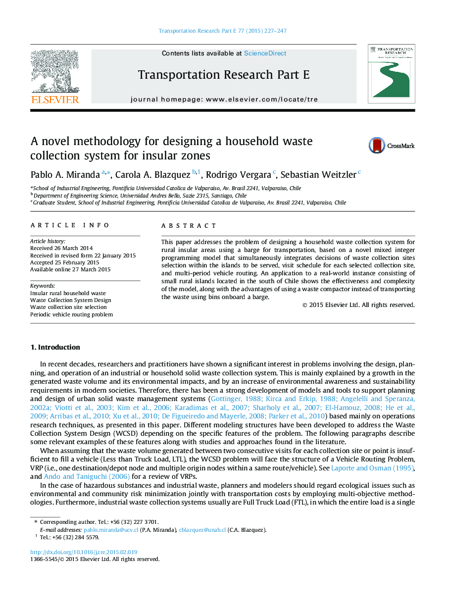 A novel methodology for designing a household waste collection system for insular zones