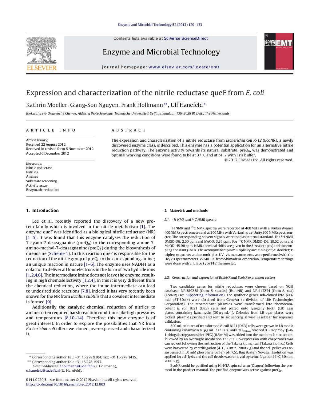 Expression and characterization of the nitrile reductase queF from E. coli