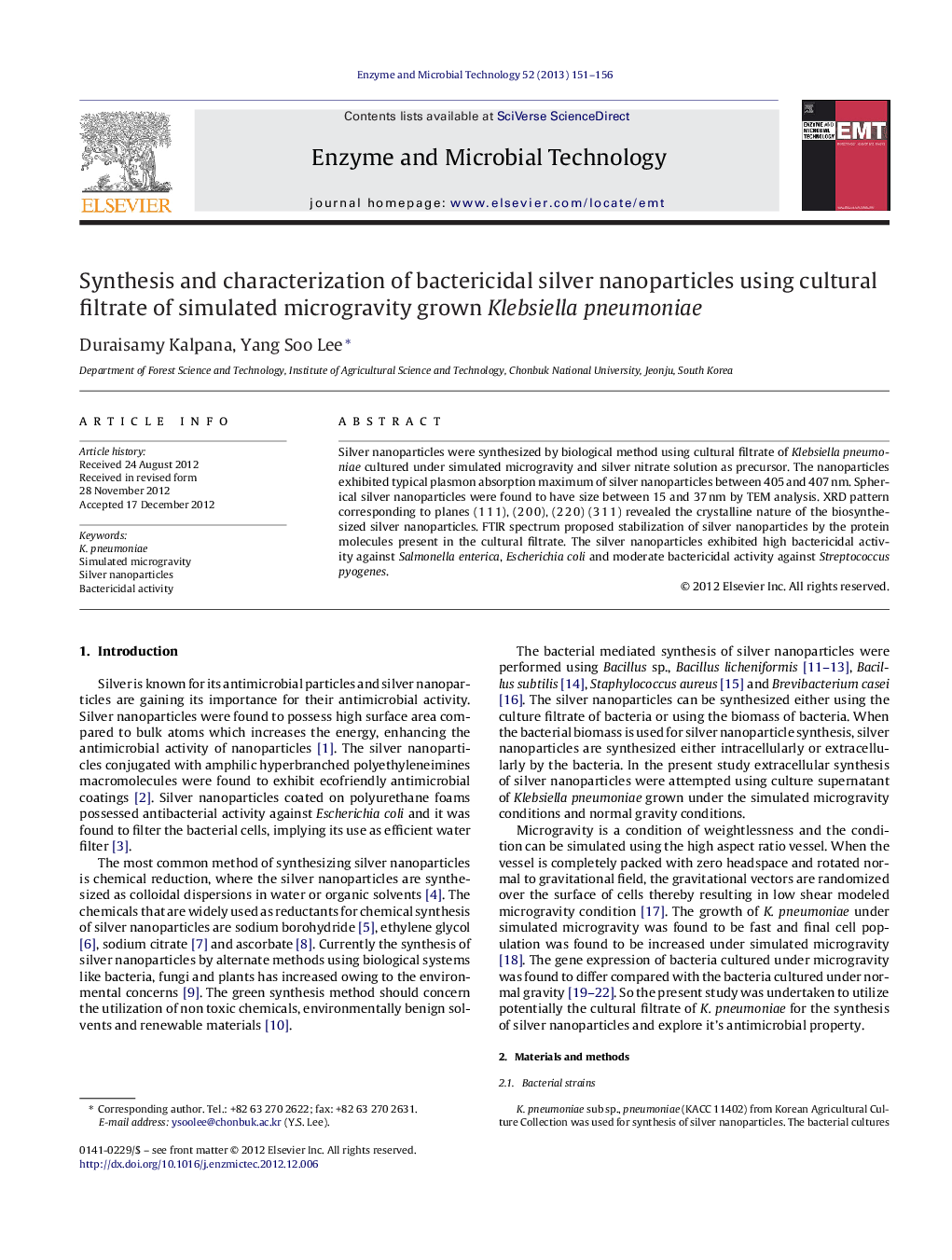 Synthesis and characterization of bactericidal silver nanoparticles using cultural filtrate of simulated microgravity grown Klebsiella pneumoniae