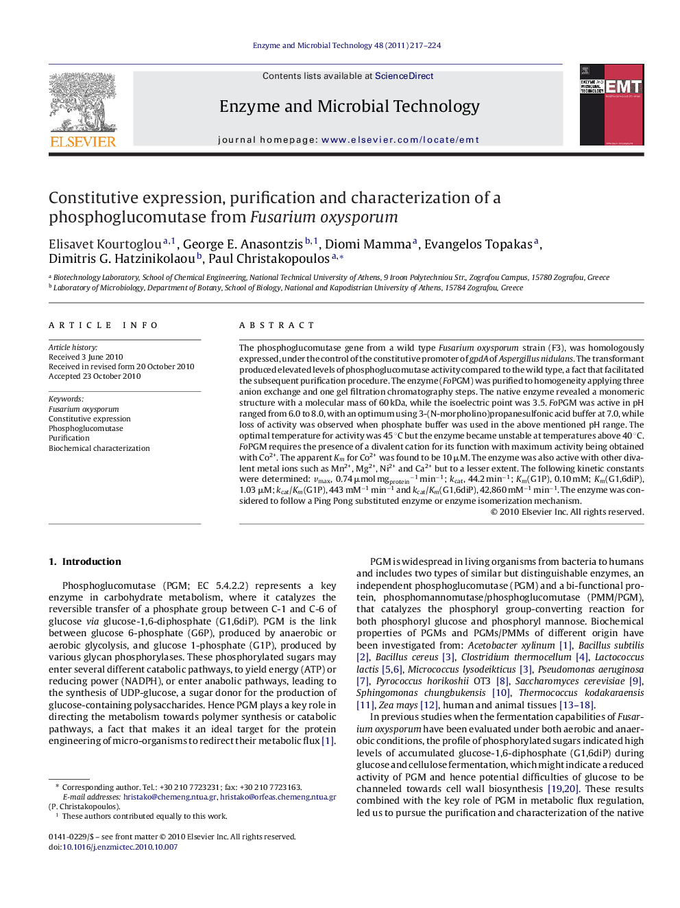 Constitutive expression, purification and characterization of a phosphoglucomutase from Fusarium oxysporum