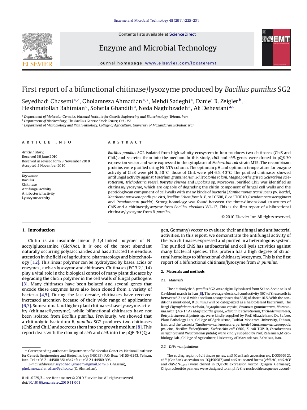 First report of a bifunctional chitinase/lysozyme produced by Bacillus pumilus SG2