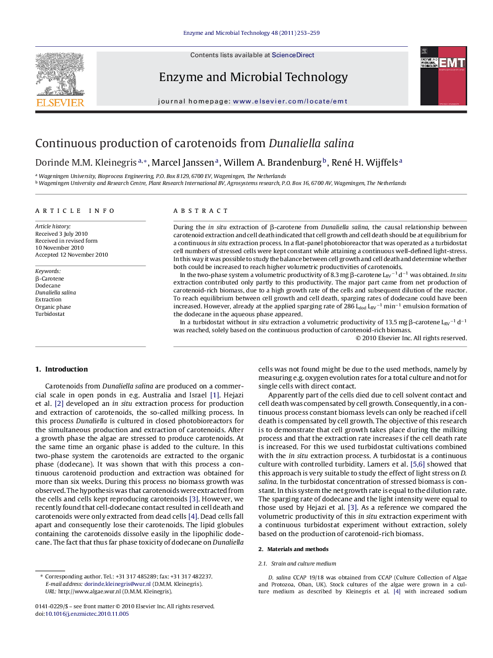 Continuous production of carotenoids from Dunaliella salina