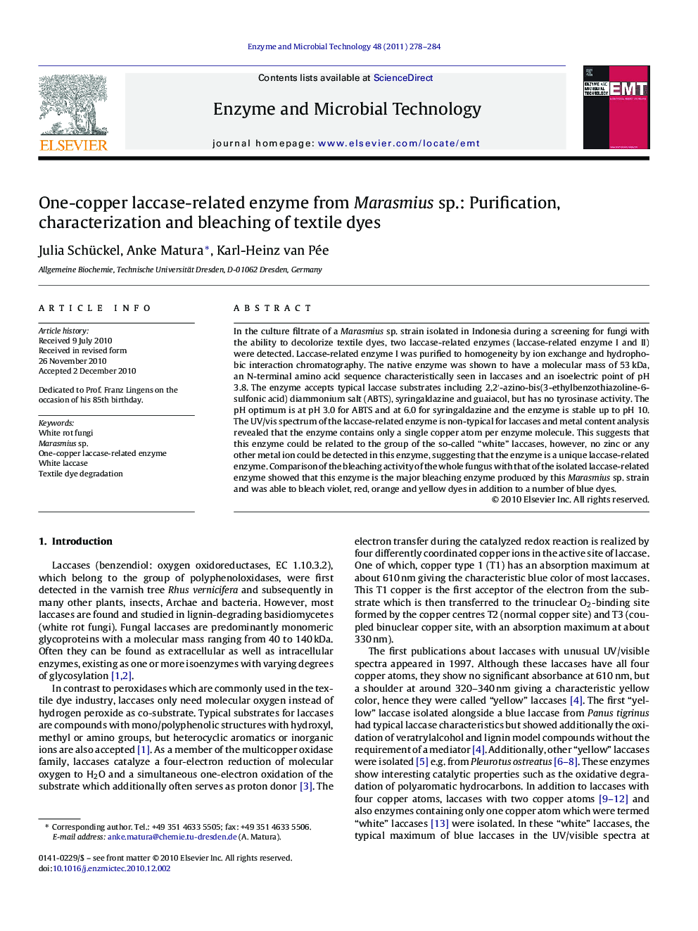 One-copper laccase-related enzyme from Marasmius sp.: Purification, characterization and bleaching of textile dyes