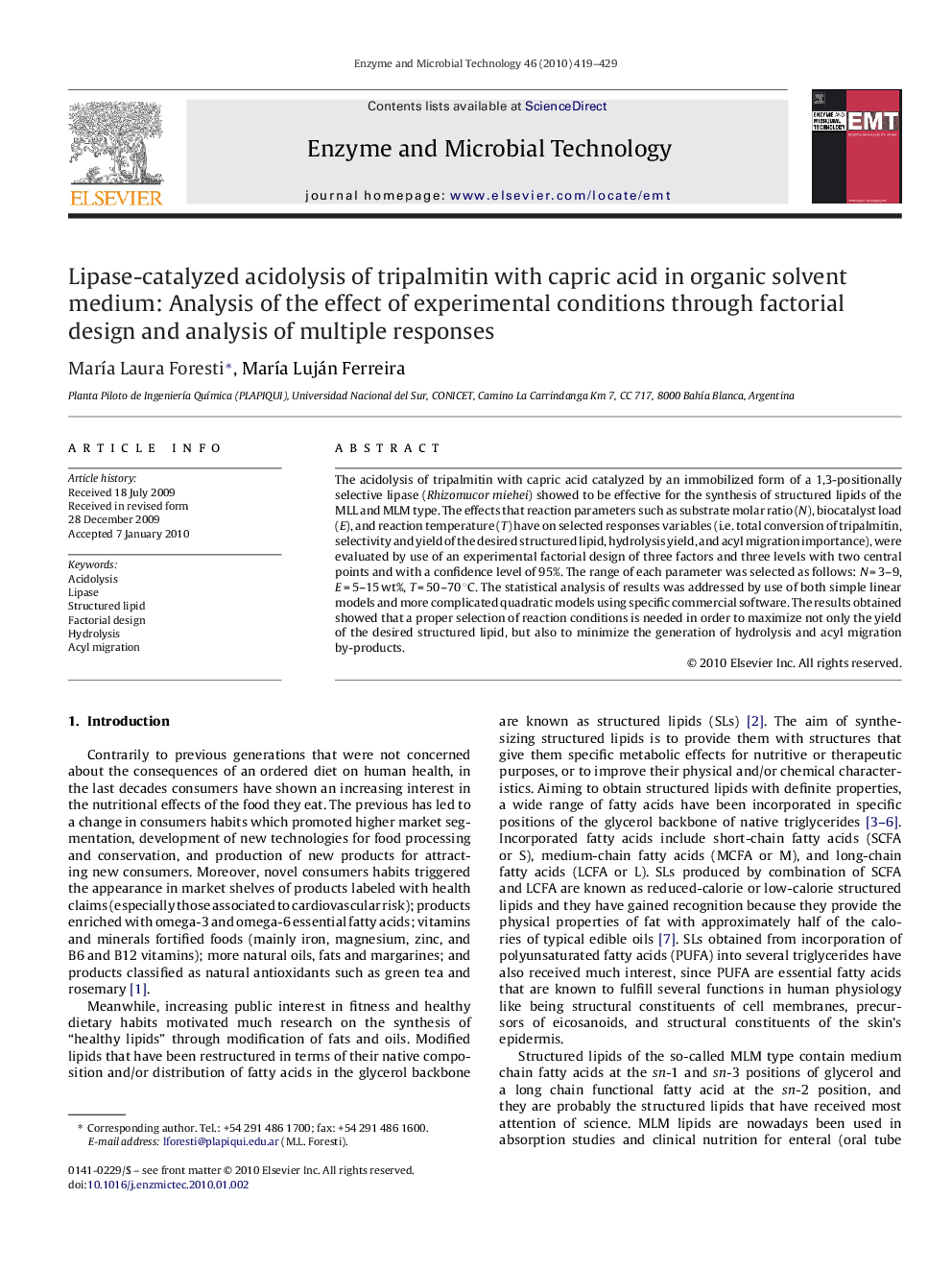 Lipase-catalyzed acidolysis of tripalmitin with capric acid in organic solvent medium: Analysis of the effect of experimental conditions through factorial design and analysis of multiple responses