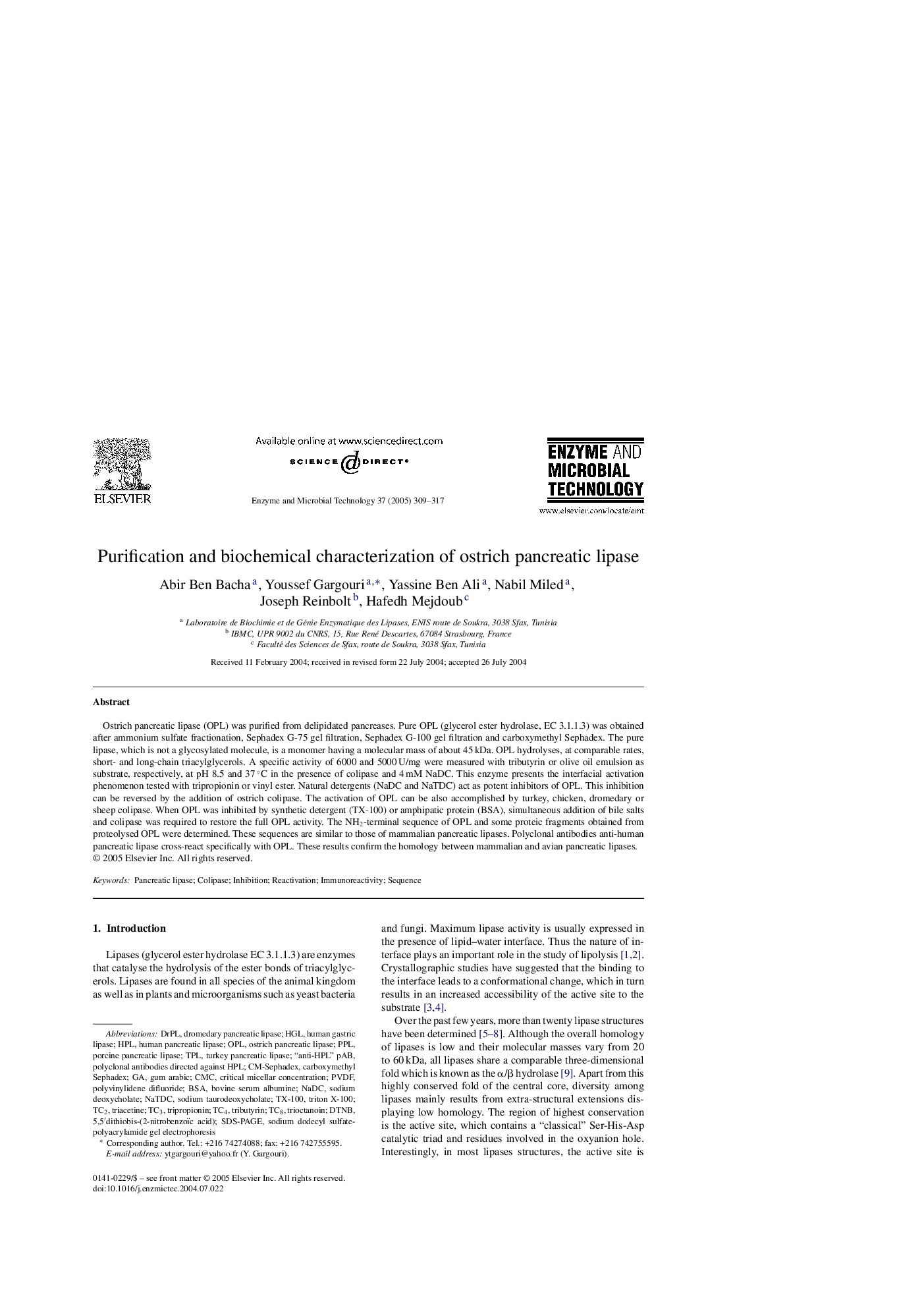 Purification and biochemical characterization of ostrich pancreatic lipase