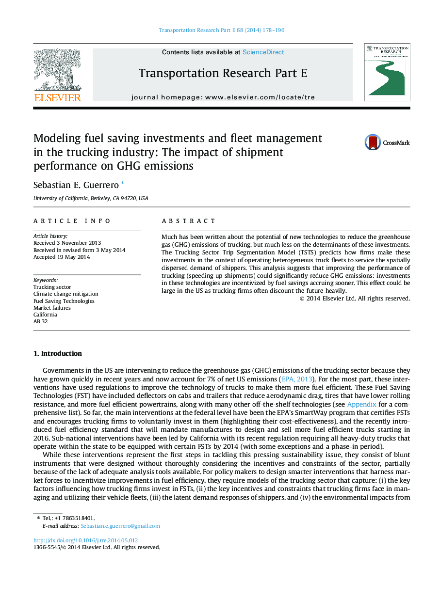 Modeling fuel saving investments and fleet management in the trucking industry: The impact of shipment performance on GHG emissions