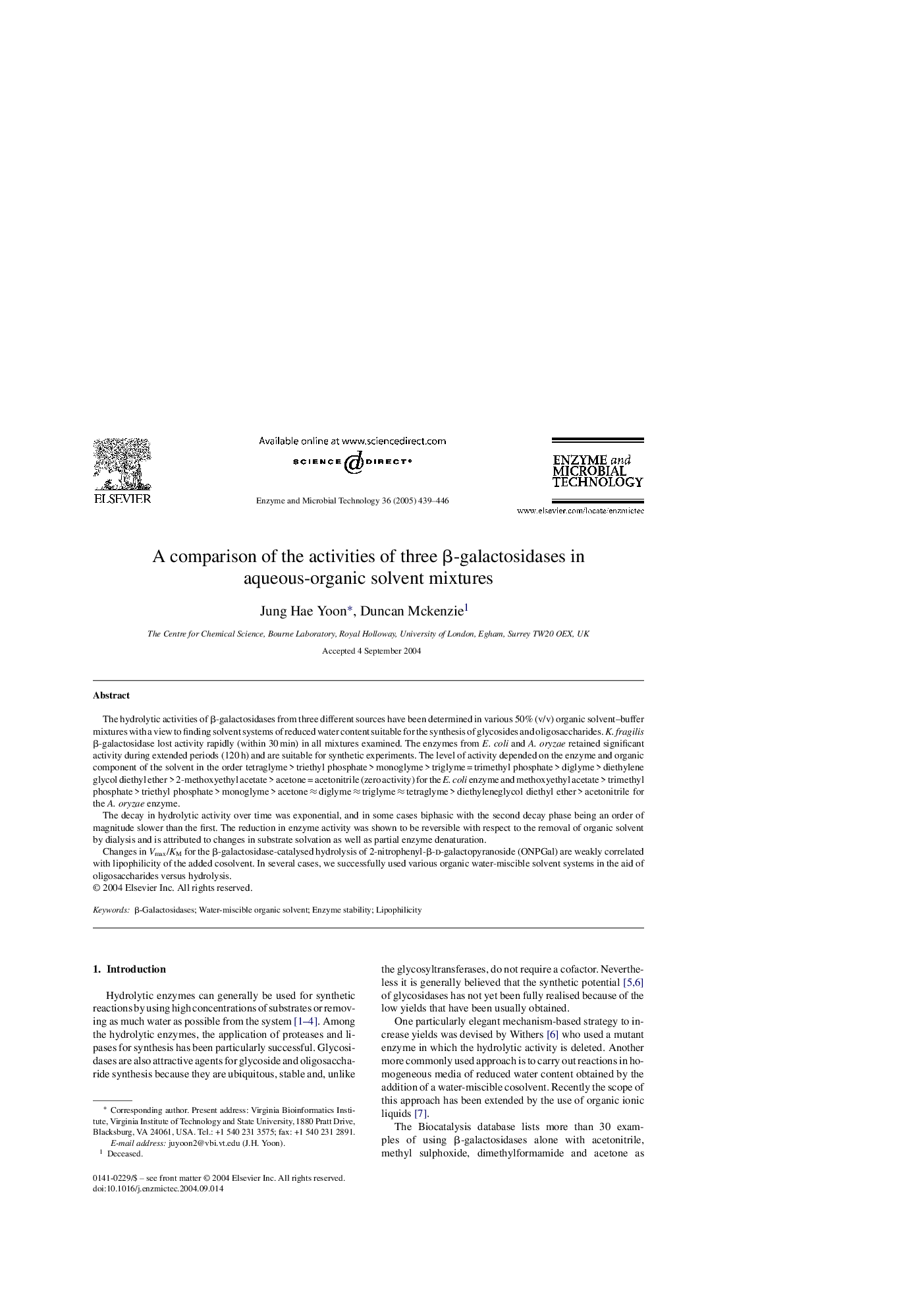 A comparison of the activities of three Î²-galactosidases in aqueous-organic solvent mixtures