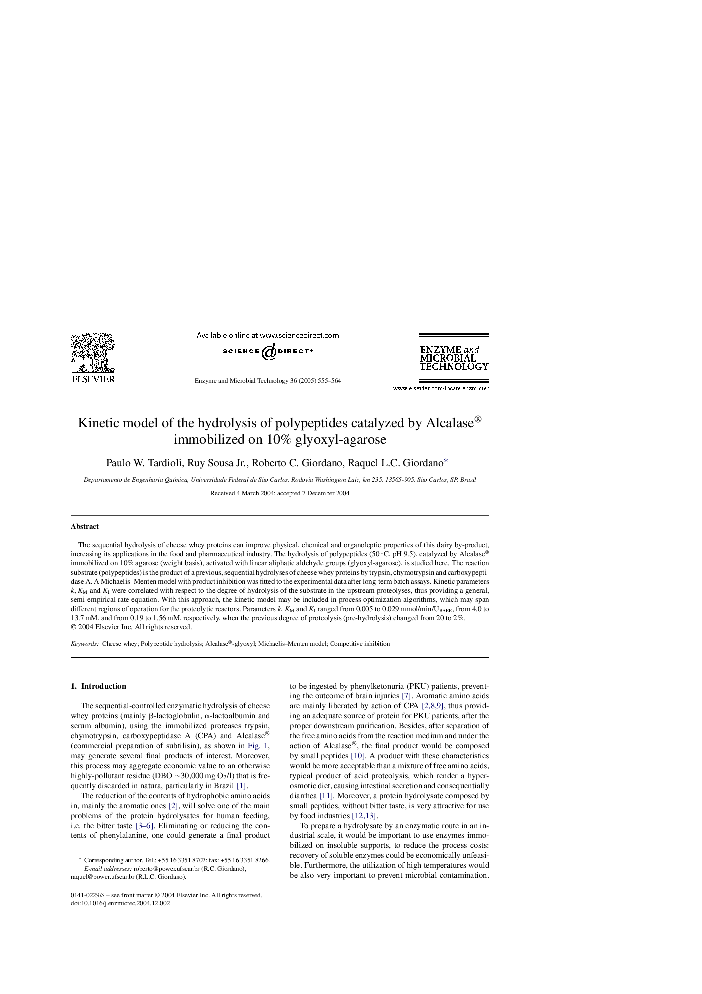 Kinetic model of the hydrolysis of polypeptides catalyzed by Alcalase® immobilized on 10% glyoxyl-agarose